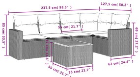 6 pcs conjunto sofás de jardim c/ almofadões vime PE preto