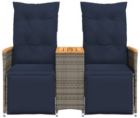 Sofá de jardim reclinável de 2 lugares com Mesa em vime sintético cinz