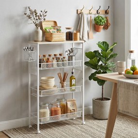 Carro de cozinha com rodas, carrinho de arrumação com 3 cestos, 1 cesto suspenso e ganchos, 58 x 18,5 x 87 cm, branco