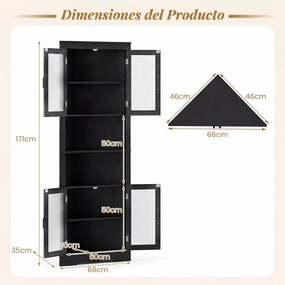 Armário de canto alto casa de banho, cozinha com 6 níveis 66 x 35 x 171 cm, portas de vidro e prateleiras ajustáveis em 3 posições, para cozinha tipo