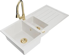 Mexen Andres lava-loiça de granito 1,5-cubas com escorredor e torneira de cozinha Elia, branco - 6515-20-670101-50