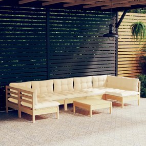 vidaXL 8 pcs conjunto lounge jardim c/ almofadões creme pinho maciço