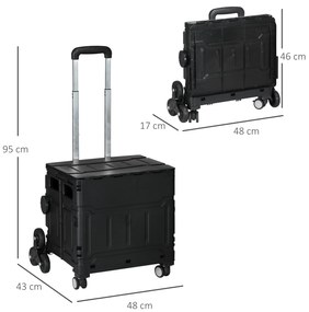 Carrinho de Armazenamento Dobrável Carrinho de Compras com 2 Rodas para Subir Escadas Capacidade 35L 48x43x95 cm Preto