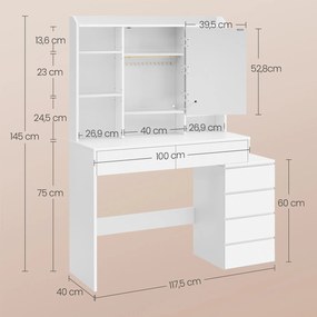 Toucador com espelho, luz LED 40 x 98,3 x 145 cm branco