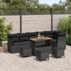 Conjunto de Sofá de Jardim vidaXL de 10 Peças com Almofadas Preto Rattan Poli Acácia