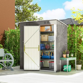 Abrigo de jardim em metal 163 x 90 x 179 cm para encostar, com 2 grelhas de ventilação e telhado inclinado com proteção UV, cinzento claro