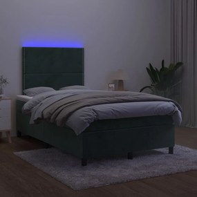 Cama box spring c/ colchão/LED 120x200 cm veludo verde-escuro