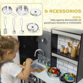 Cozinha de Madeira com Som Cozinha de Brincar Infantil com Acessórios em Aço Inoxidável Frigorífico Micro-Ondas, Lava-Loiça 81x27x79,7 cm Castanho Esc