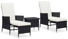 3 pcs conjunto lounge para jardim c/ almofadões vime PE preto