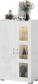 Aparador com LED RGB de 16 cores e comando à distância, acabamento de alto brilho, portas envidraçadas, prateleiras de vidro, 71 x 35 x 126 cm, branco