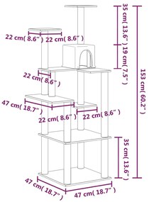 Árvore p/ gatos c/ postes arranhadores sisal 153 cm cinza-claro