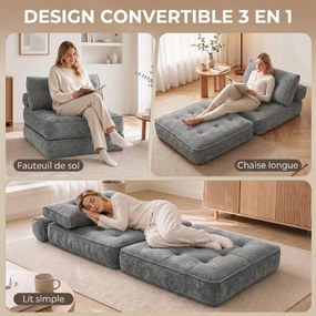 Poltrona-Cama Individual, 100 x 95 x 84 cm, Convertível 3 em 1, Cinzento-Claro