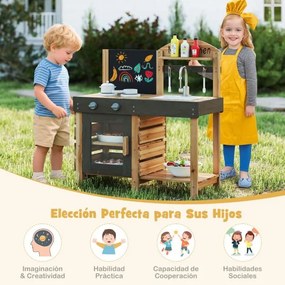 Cozinha Ar Livre para Crianças com Quadro Preto Fogões Pia Torneira Forno Acessórios de Cozinha e Prateleiras cor Natural