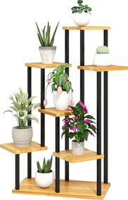 Suporte para plantas com 7 níveis para interior e exterior, prateleira para plantas em aço e madeira, madeira natural
