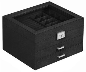 Caixa de joias SONGMICS, vitrine de joias de veludo de 3 camadas e organizador com tampa de vidro transparente, compartimentos variados para colares, pulseiras, anéis, fechadura e chave, preto JBC158B01