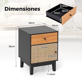Mesa de cabeceira, Mesa de apoio de rattan moderna 40 x 39 x 55 cm com gaveta estilo Boho com pernas de madeira maciça Preto e Castanho