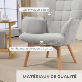 Poltrona com apoio para os pés, encosto alto, pés de madeira e tecido com efeito de veludo cotelê, para sala de estar ou quarto, cinzenta
