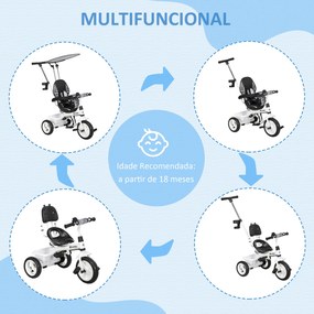 Triciclo para Bebês 2 em 1 Triciclo Evolutivo para Crianças de +12 Meses com Toldo Dobrável e Guiador Telescópico Branco