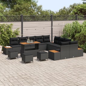 Conjunto de Sofá de Jardim vidaXL 14 Peças com Almofadas Preto Rattan