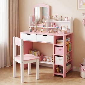 Conjunto de Toucador Infantil com Espelho e Cadeira, 80 x 40 x 118 cm, Arrumação Espaçosa, Cor-de-rosa