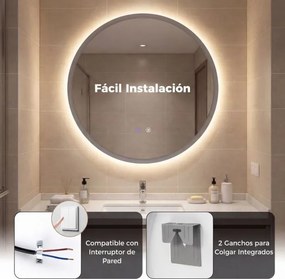 Espelho de casa de banho LED redondo de 70 cm com 3 cores de luz, regulação da intensidade, antiembaciamento e memória Prata