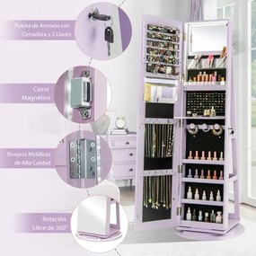 Armário joias giratório 360° com luzes LED Espelho de corpo inteiro 54,5 x 161 cm Púrpura