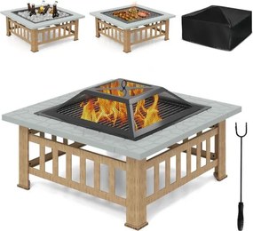 Mesa Braseira de Exterior 81 x 81 x 50 cm de Madeira 3 em 1 com Proteção contra Faíscas Grelha para Lenha Grelha para Churrasco Capa para Chuva Cinza