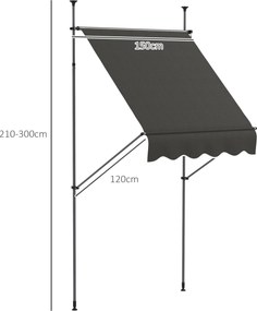 Toldo retrátil manual autoportante, 1,5 m (L) x 1,2 m (P) x 2,1–3 m (A), inclinação ajustável, metal, alumínio e poliéster cinzento escuro