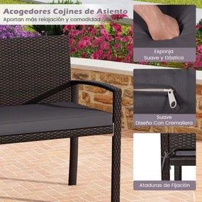 Banco jardim de vime para 2 pessoas 10 x 56 x 84 cm com almofada acolchoada, assento macio, encosto e apoios para os braços - castanho e cinzenta