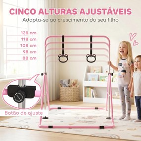 Barra de Ginástica para Crianças com Altura Ajustável em 5 Níveis Anéis e Dobrável 148x105x88-128 cm Rosa