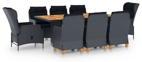 vidaXL 9 pcs conj. jantar exterior c/ almofadões vime PE cinza-escuro