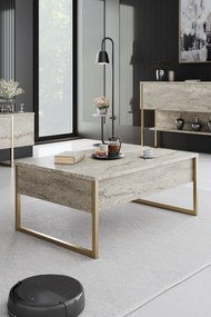 Mesa de Centro Luxe – Travertine/Gold – 90x60x40 cm
