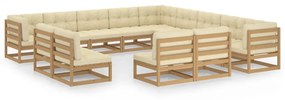 vidaXL 13 pcs conj. lounge jardim almofadões pinho maciço castanho mel