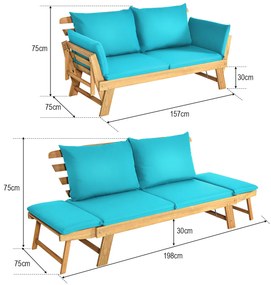 Sofá-cama de jardim convertível de 2 lugares em madeira de acácia com apoios de braços ajustáveis Almofadas 2 lugares Exterior 198 x 75 x 75 cm Turque