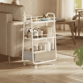 Carrinho multifuncional com 3 níveis e cesto de tecido 43 x 30 x 81 cm Branco-Castanho camelo