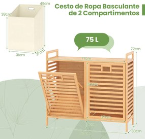 Cesto de roupa suja duplo 80 x 30 x 72 cm com abertura de bambu de 75 L com 2 cestos removíveis Natural