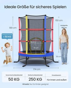 Trampolim infantil de 174 cm com rede de segurança e cobertura para os bordos Multicolorido