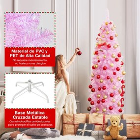 Árvore de Natal em formato de lápis articulado de 180 cm branco fresco luzes LED suporte de metal rosa