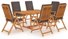 vidaXL 7 pcs conjunto jantar jardim + almofadões cinzentos teca maciça