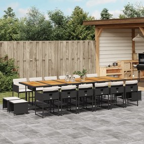 17 pcs conjunto de jantar p/ jardim c/ almofadões vime PE preto