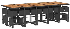 15 pcs conjunto de jantar p/jardim com almofadões vime PE preto