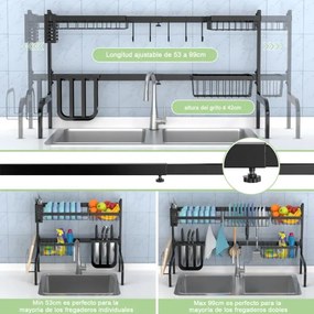 Escorredor Louça para lava louças ajustável em 2 comprimentos (53-99 cm) para cozinha com gancho para cesto Preto