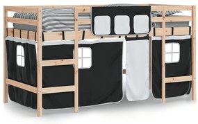 Cama alta criança c/ cortina 90x200cm pinho maciço branco/preto