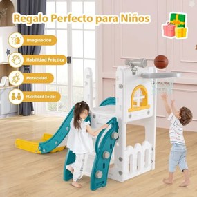 Escorrega infantil 6 em 1 para crianças com cesto de basquetebol e telescópio, com espaço de arrumação amarelo e verde