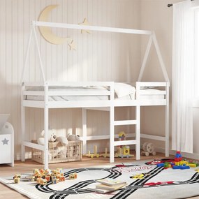 vidaXL Cama alta c/ escada e telhado 90x190 cm pinho maciço branco