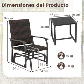 Conjunto de móveis baloiço jardim de vime de 3 peças com mesa de café de vidro temperado assento de vime assento de vime estrutura metálica móveis de