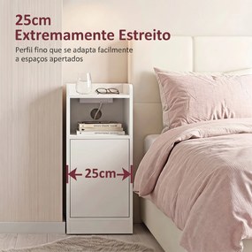 Conjunto de 2 Mesas de Cabeceira Estreitas com Estação de Carregamento, Porta, Compartimento Aberto e Prateleira Ajustável, Branco
