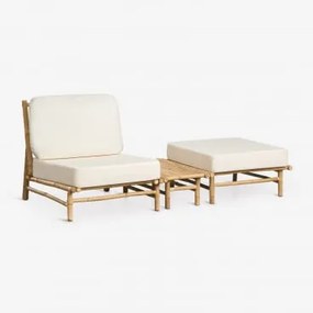 Conjunto De Jardim Com Poltrona, Puff E Mesa Auxiliar Retangular 75x40 Cm Em Bambu Isendra Tecido Branco - Sklum