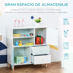 HOMCOM Móvel Infantil Cómoda para Crianças com 2 Compartimentos 2 Gavetas e 2 Armários para Armazenamento de Livros Brinquedos Roupa 80x30x85cm Azul Verde Menta Branco