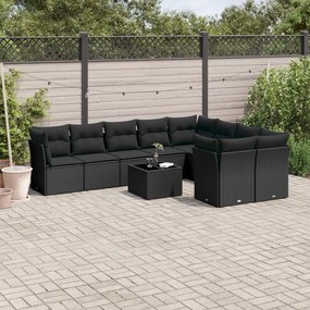 10 pcs conjunto sofás de jardim c/ almofadões vime PE preto